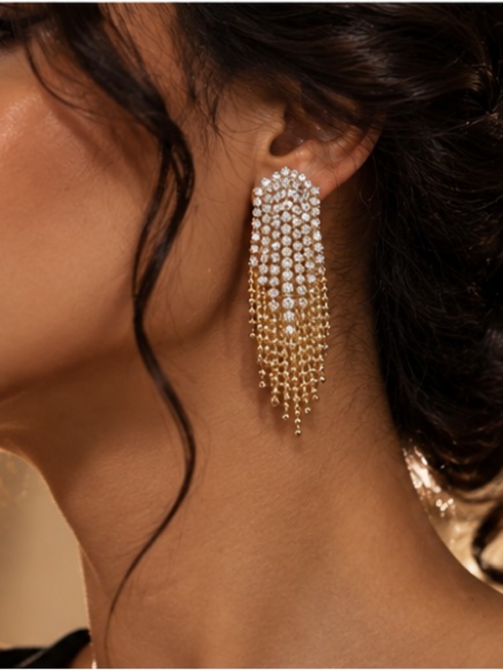 Luxury Crystal Gold Tassel Earrings Rhinestone Chandelier Earrings - Picture 3 of 5